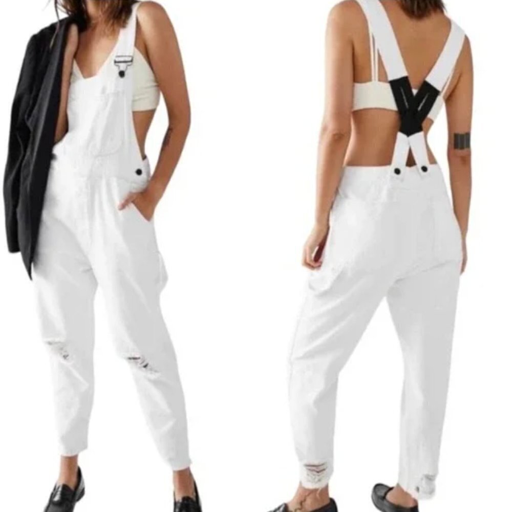 Sandrine Rose x Free People Distressed Overalls in Dust